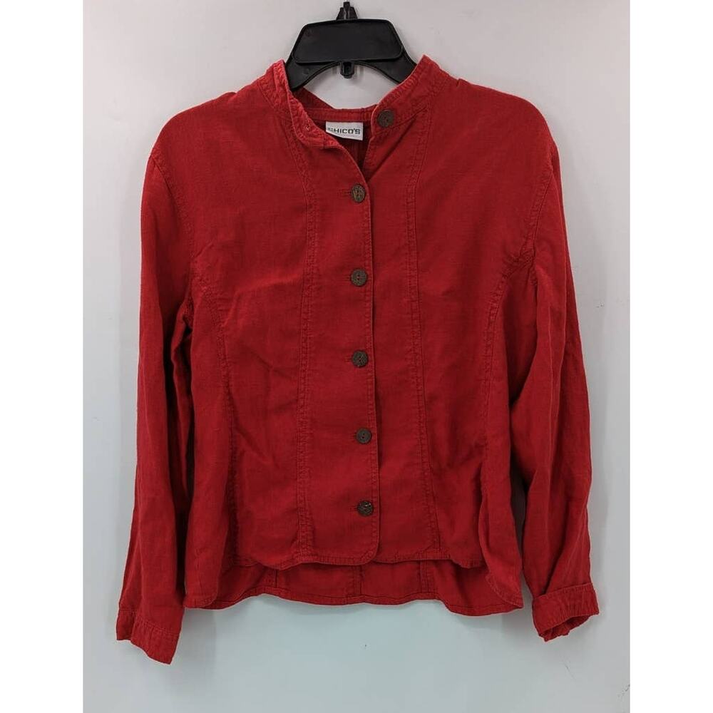 Chico's Long Sleeve Red Button Up Shirt Flat Collar Size 1 Women's Top Blouse